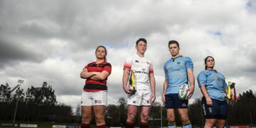 25 March 2019; In attendance, from left, Trinity captains Jane Leahy and Colm Hogan and UCD captains Alex Penny and Sarah Glynn during the UCD v Trinity 2019 Colours Photoshoot at UCD Bowl in Belfield, Dublin. Photo by David Fitzgerald/Sportsfile *** NO REPRODUCTION FEE ***