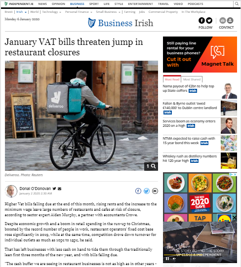 January VAT bills threaten jump in restaurant closures - Crowe Ireland